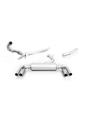Turbo-back-system, sport exhaust centered for left/right system with 2 integrated valves, non-resonated RACING cat-back section and downpipe (selectable tail pipes), no (EC-) approval
