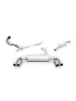 Turbo-back-system, sport exhaust centered for left/right system with 2 integrated valves resonated cat-back section and downpipe (selectable tail pipes), no (EC-) approval