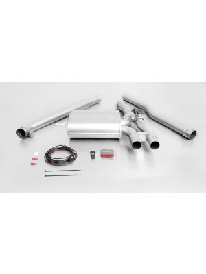 REMUS cat-back-system consisting of 1 front silencer replacement tube, 1 connection tube and sport exhaust centered with integrated valve (without tail pipes), EC homologation, pipe Ø 70 mm